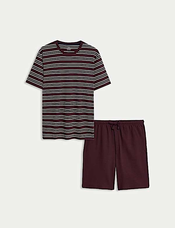 סט פיג'מה מכותנה טהורה באריגת וופל עם פסים - IL