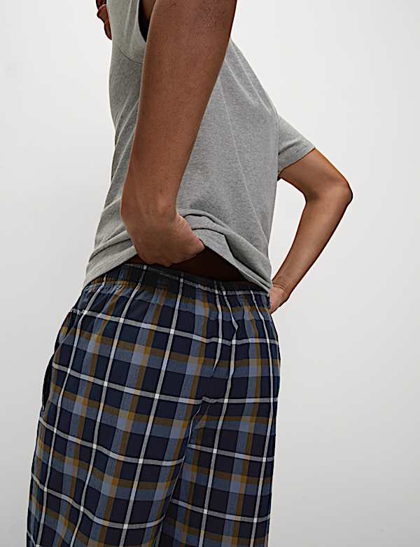 סט פיג'מה מכותנה טהורה עם משבצות וצווארון הנלי - IL