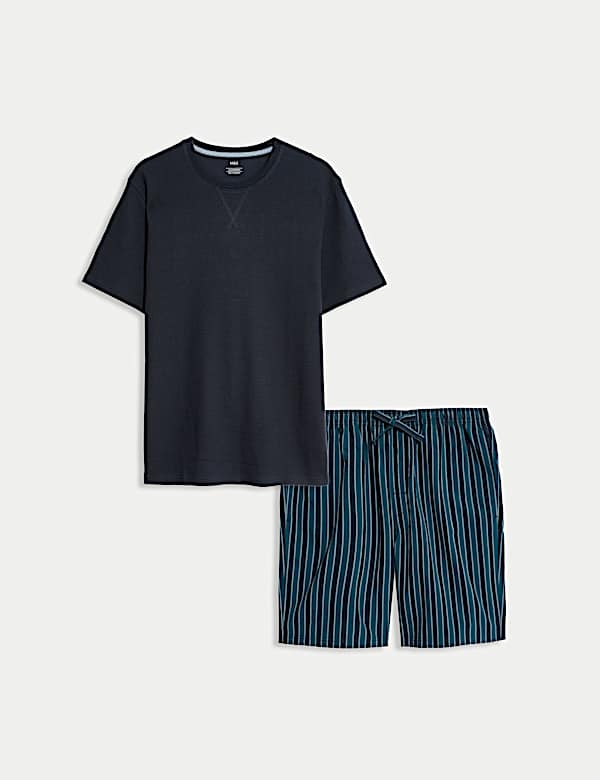 סט פיג'מה מכותנה טהורה באריגת וופל עם פסים - IL