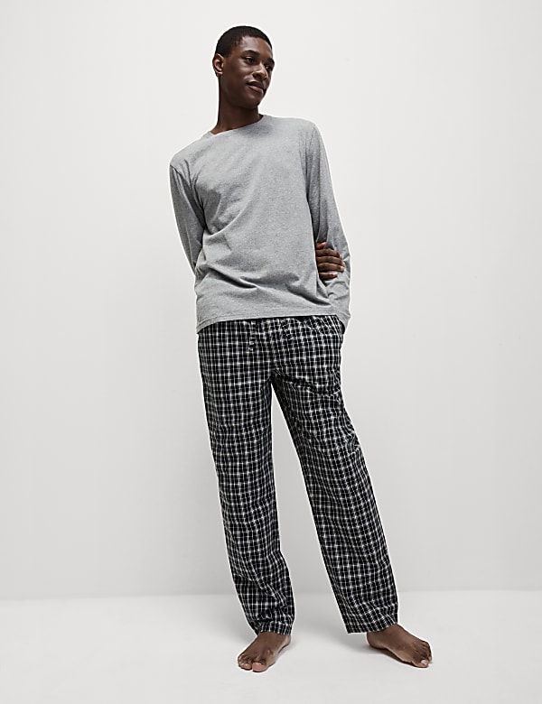 Marks Spencer Pure Cotton Checked Pyjama Set Black Mix XL