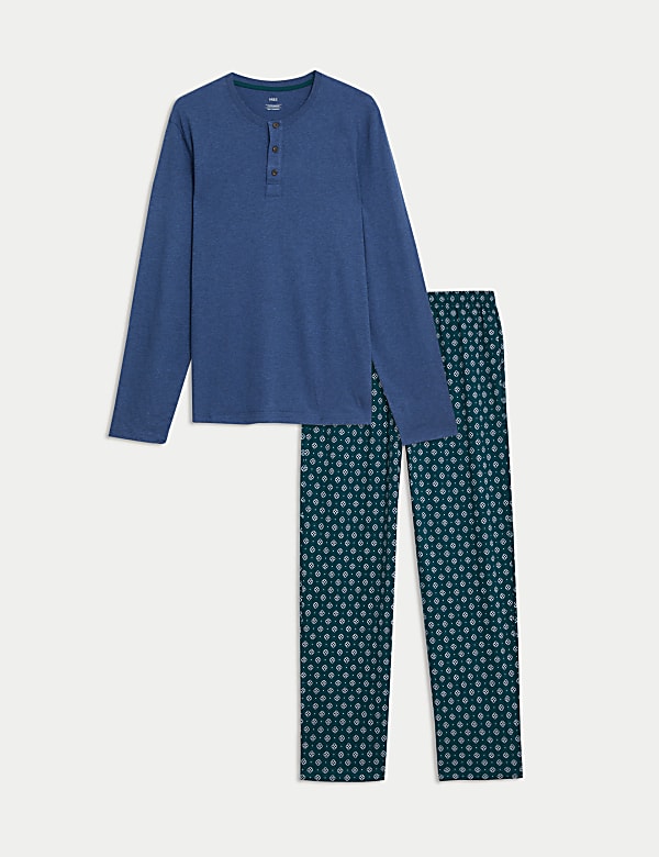 Marks Spencer Pure Cotton Geometric Print Pyjama Set Denim Mix XXL