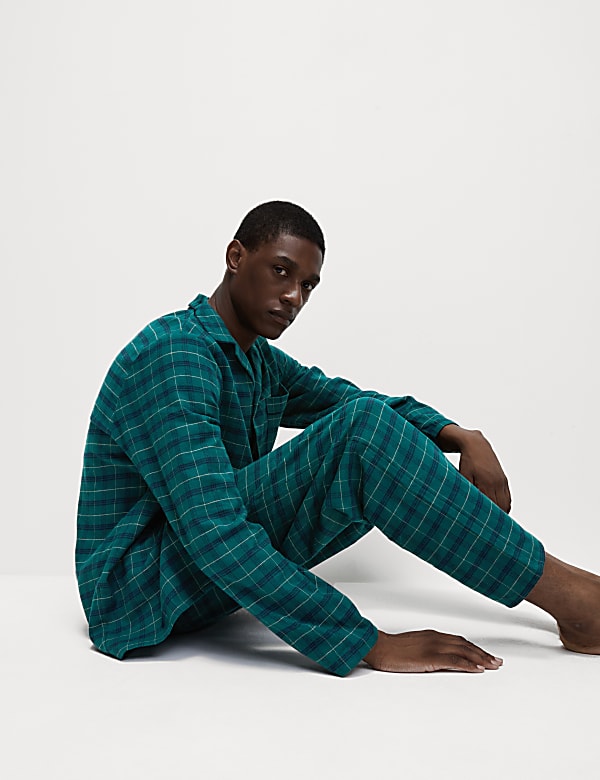 Marks Spencer Brushed Cotton Checked Pyjama Set Navy Mix M