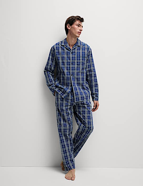 Marks Spencer Pure Cotton Checked Pyjama Set Blue Mix XL