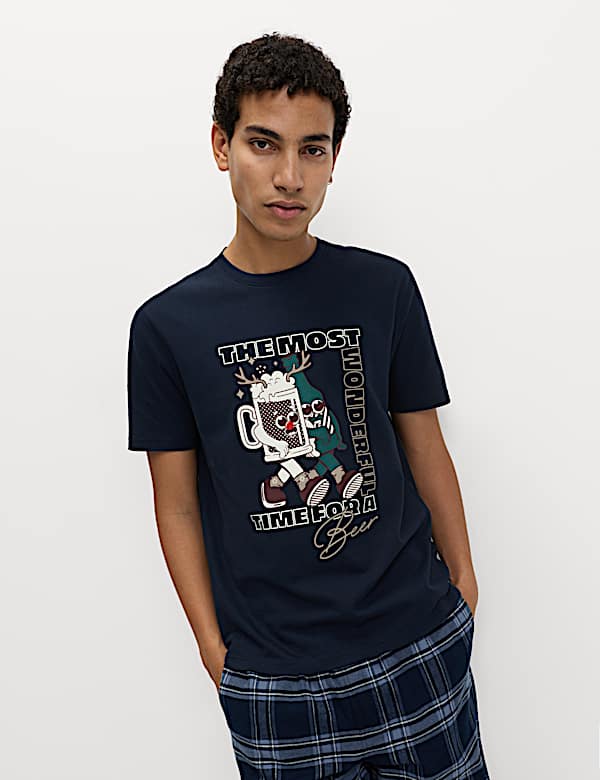 חולצה לבית מכותנה טהורה בדוגמת בירה לחג המולד - IL