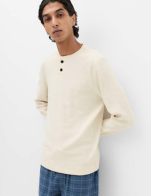 Cotton Rich Textured Henley Loungewear Top - AT