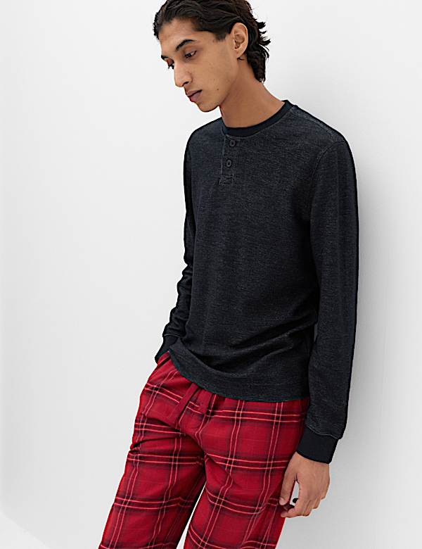 Cotton Rich Textured Henley Loungewear Top - CA