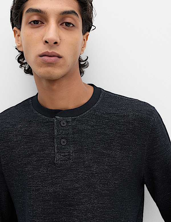 Cotton Rich Textured Henley Loungewear Top - CA