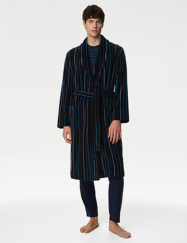 Pure Cotton Velour Striped Dressing Gown NAVY MIX Dressing Gowns M S GR