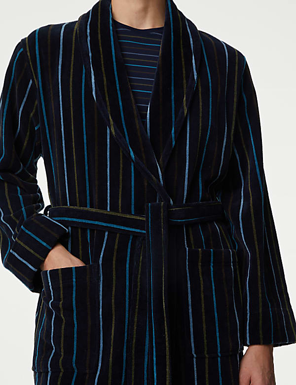 Pure Cotton Velour Striped Dressing Gown
