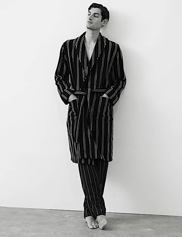 Pure Cotton Velour Striped Dressing Gown - BE