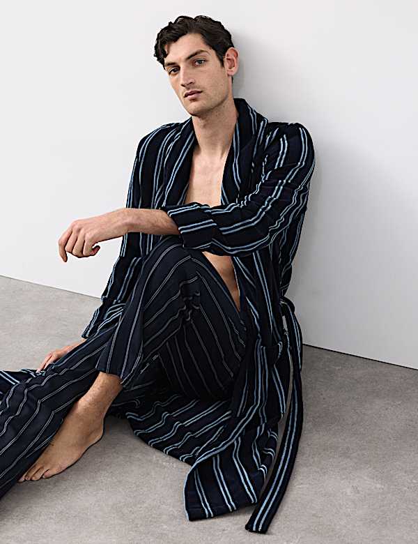 Pure Cotton Velour Striped Dressing Gown - BE