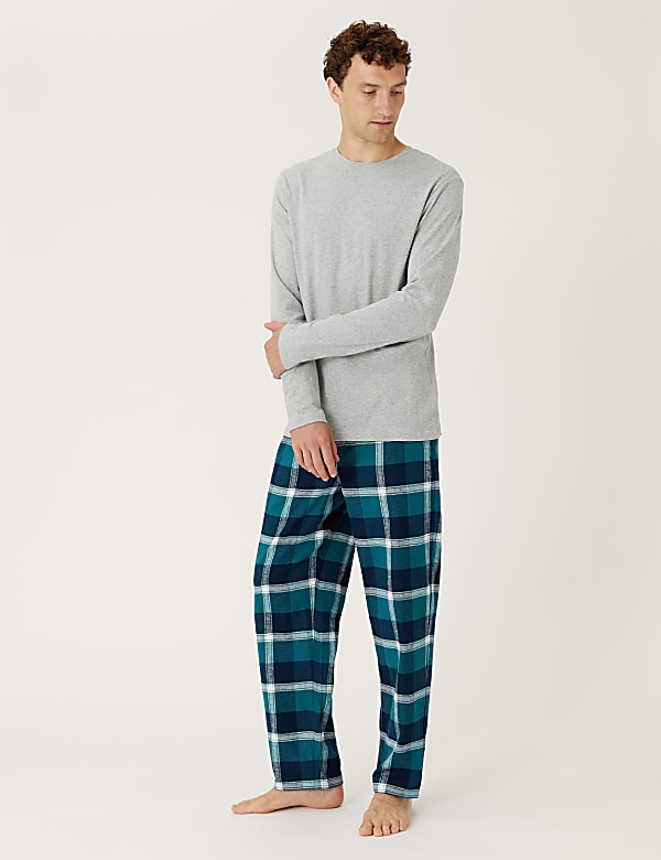 Brushed Cotton Checked Pyjama Set GREY MIX Pyjamas M S CA