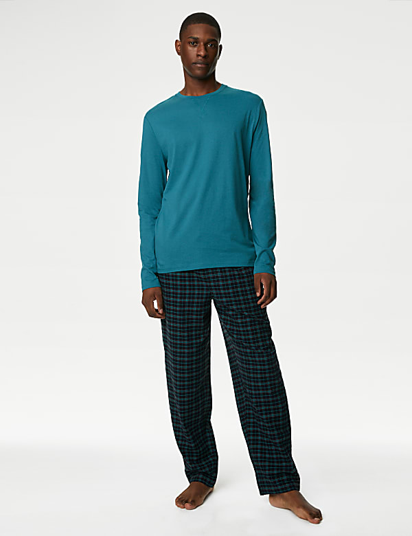 Buy Set of 2 Pure Cotton Full Sleeve T Shirt with Checked Drawstring Pajamas at Marks Spencer
