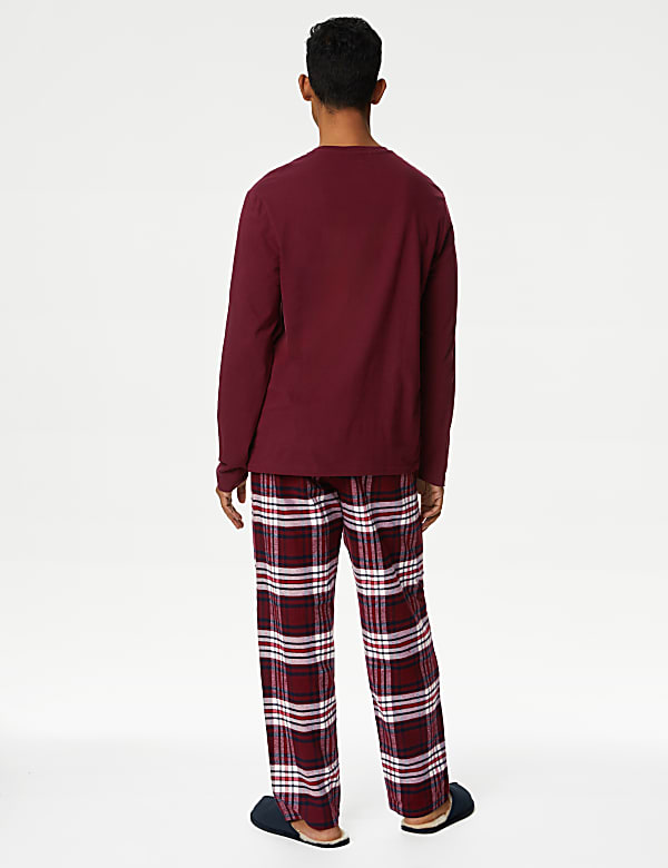 Set of 2 Pure Cotton Full Sleeve T-Shirt with Plaid Drawstring Pajamas