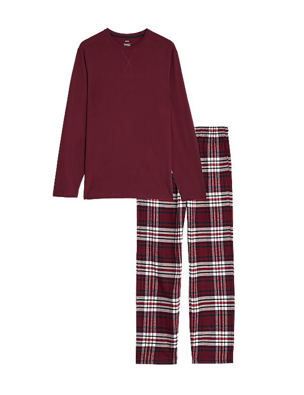 Set of 2 Pure Cotton Full Sleeve T-Shirt with Plaid Drawstring Pajamas