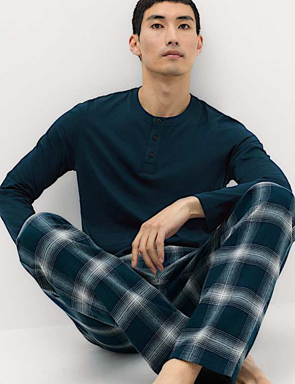 Pure Cotton Brushed Henley Checked Pyjama Set