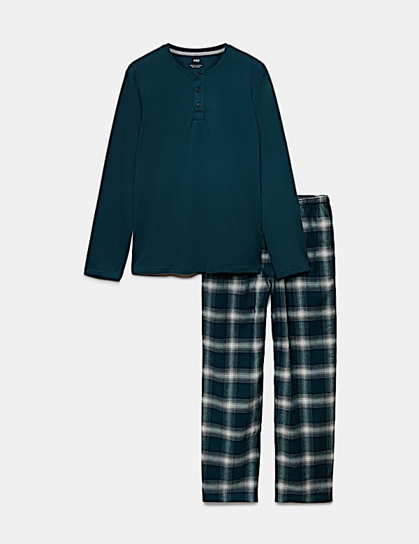 Pyjama en coton peign&eacute; &agrave; col boutonn&eacute; et carreaux - BE