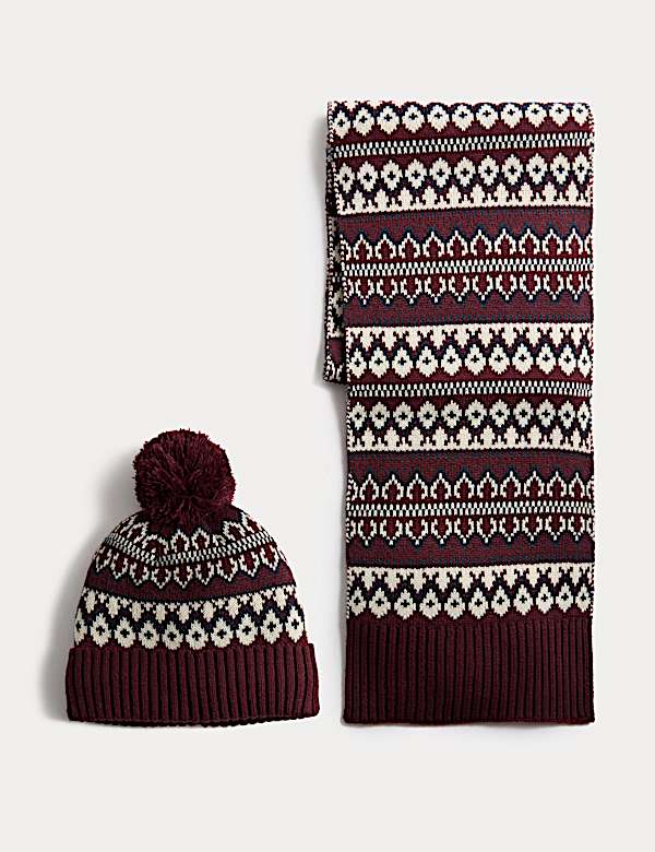 Fair Isle Knitted Hat & Scarf Set - HR