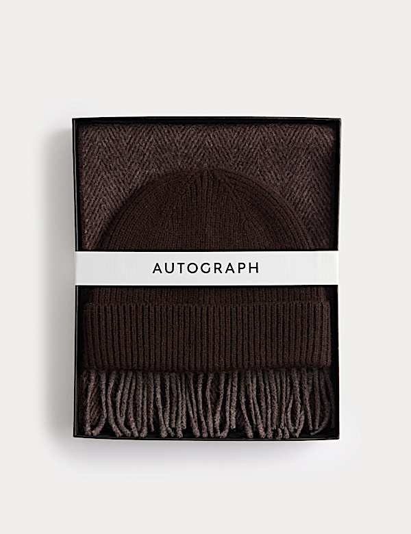 Σετ πλεκτός σκούφος και κασκόλ με μοτίβο ψαροκόκαλο από μαλλί Merino - GR