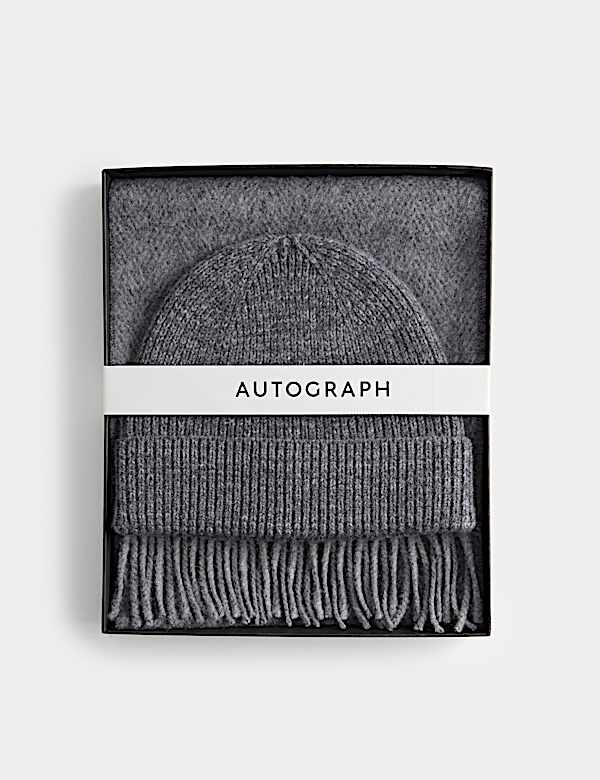 Conjunto de bufanda y gorro acanalado con dise&ntilde;o de espiga de lana merino - US