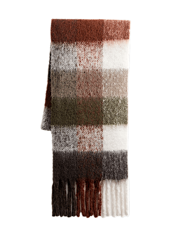 Chunky Gingham Tassel Scarf with Wool