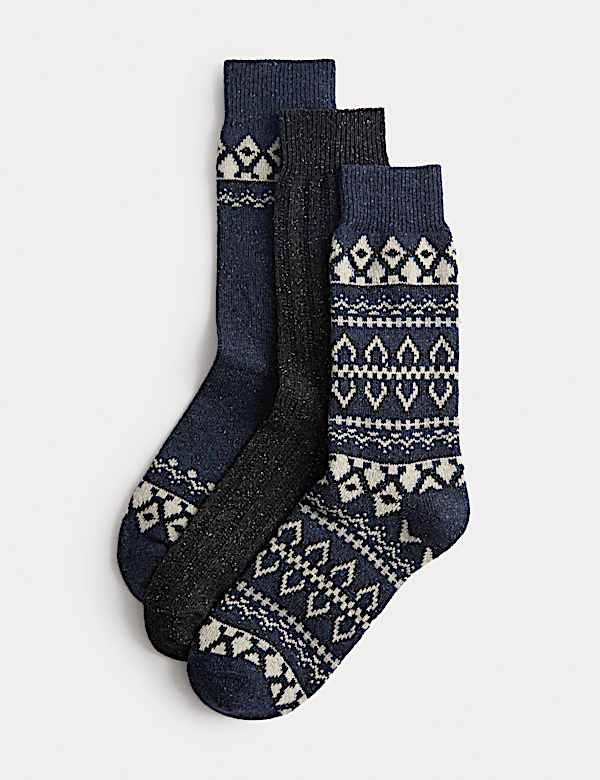 3pk Fair Isle Wool-Blend Boot Socks with Silk - MX