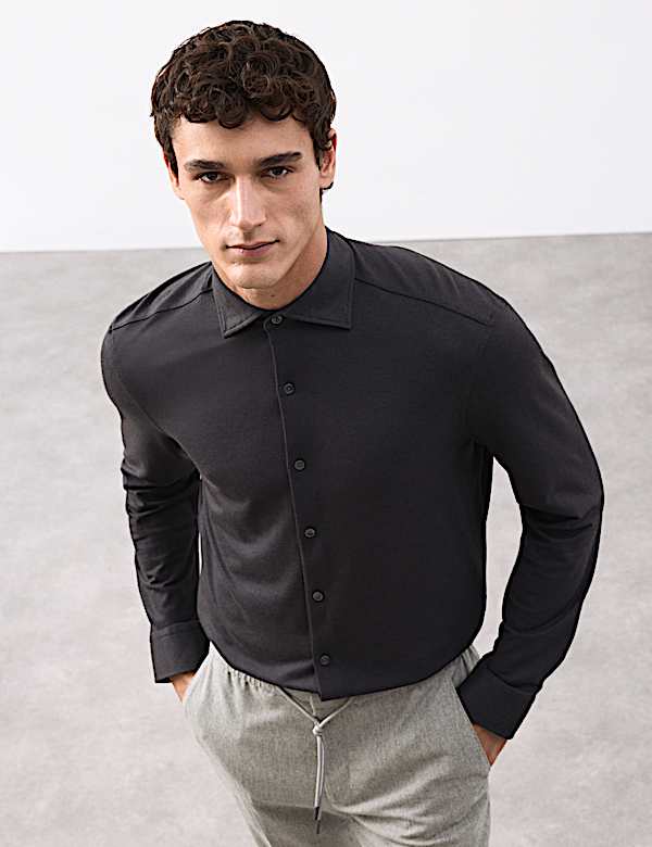 Tailored Fit Cotton Blend Pique Jersey Shirt - GR