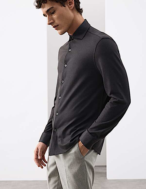 Tailored Fit Cotton Blend Pique Jersey Shirt - GR