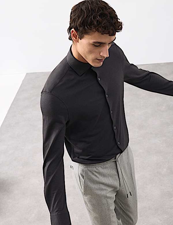 Tailored Fit Cotton Blend Pique Jersey Shirt - GR