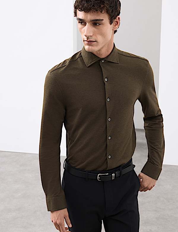 Tailored Fit Cotton Blend Pique Jersey Shirt - GR