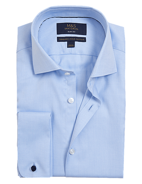 Slim Fit Double Cuff Herringbone Shirt