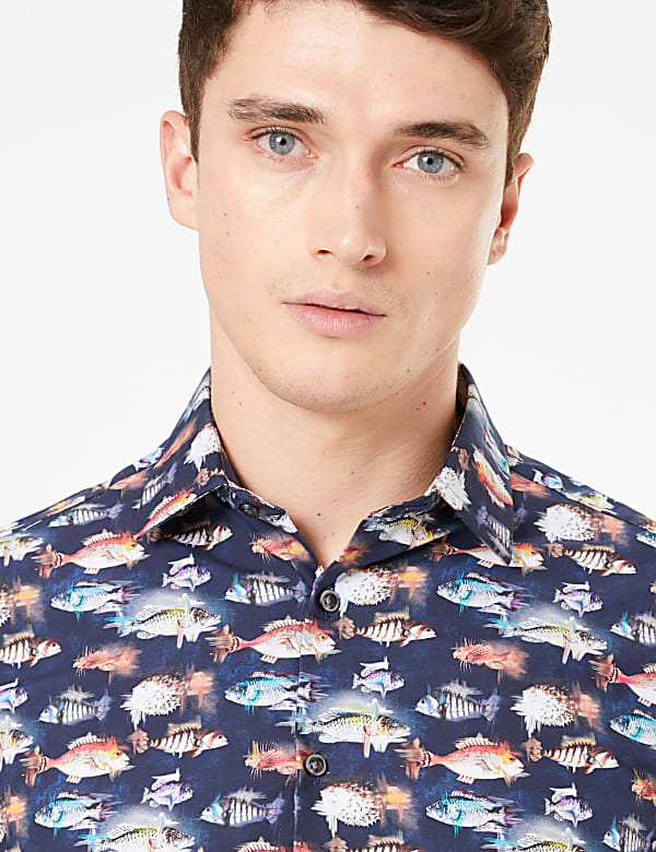 Tailored Fit Pure Cotton Fish Print Shirt
