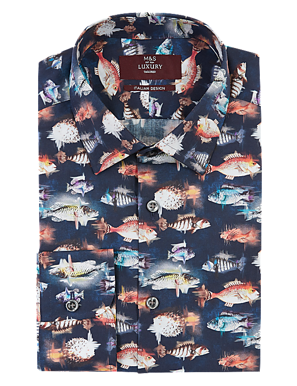 Tailored Fit Pure Cotton Fish Print Shirt