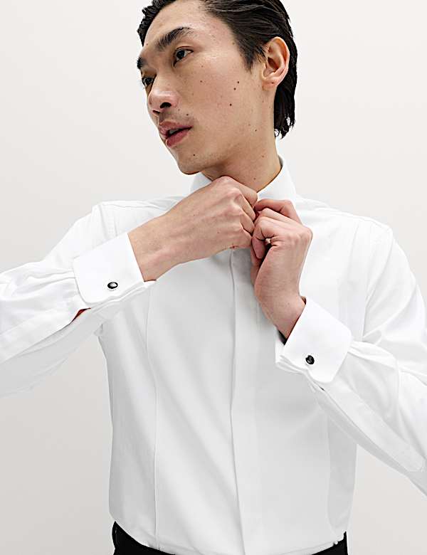 חולצת ערב עם חפתים כפולים מכותנה יוקרתית בגזרה צרה - IL