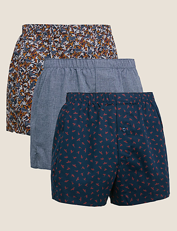 3pk Pure Cotton Bird Print Woven Boxers MULTI Underpants M S GR