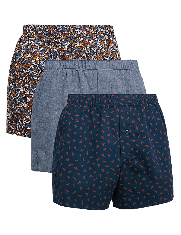 3pk Pure Cotton Bird Print Woven Boxers