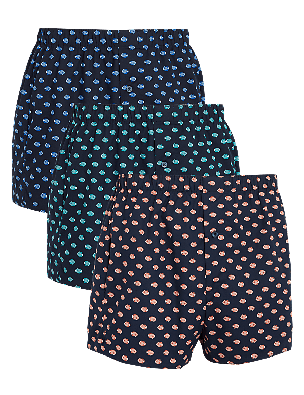 3pk Pure Cotton Fish Print Woven Boxers