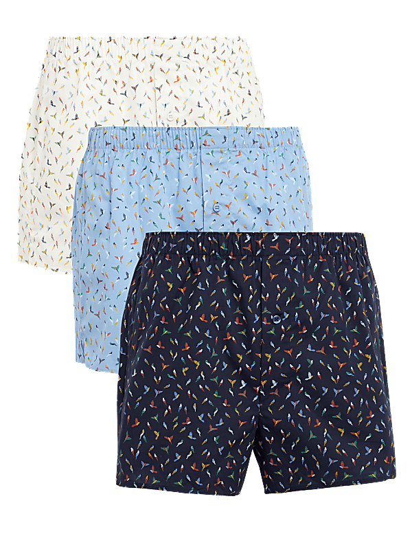 3pk Pure Cotton Bird Print Woven Boxers