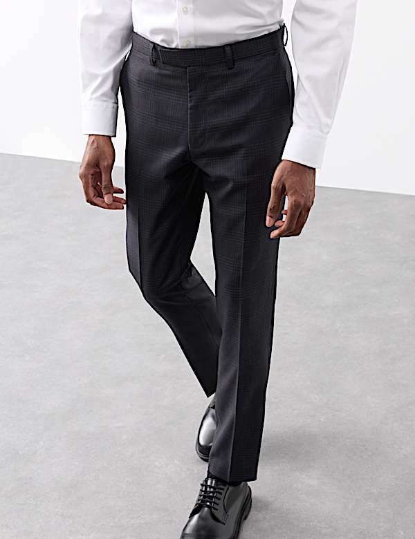 Tailored Fit Pure Wool Check Suit Trousers - CA