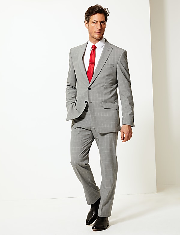 Grey Checked Regular Fit Trousers with Stretch