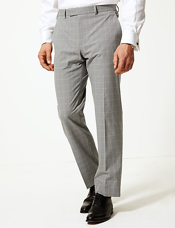 Grey Checked Regular Fit Trousers with Stretch