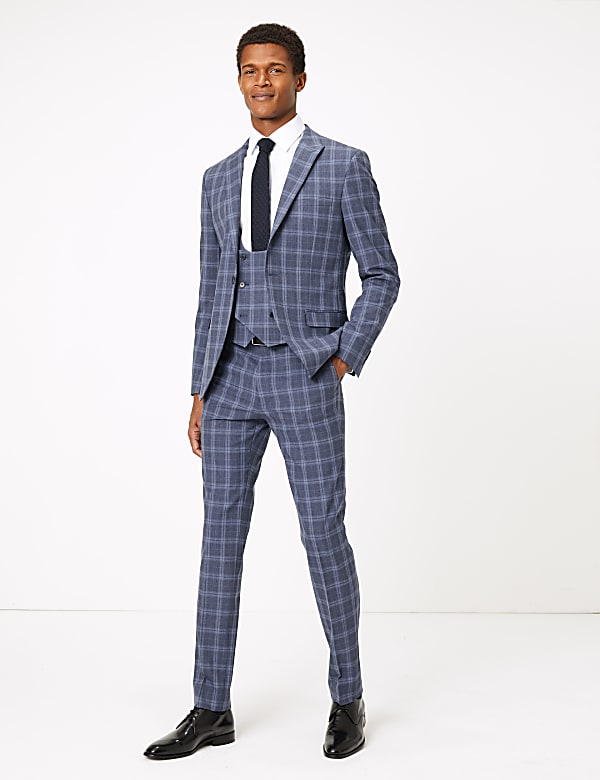 Blue Skinny Fit Checked Suit Jacket