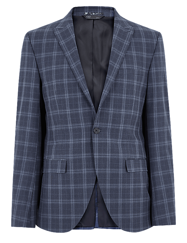 Blue Skinny Fit Checked Suit Jacket