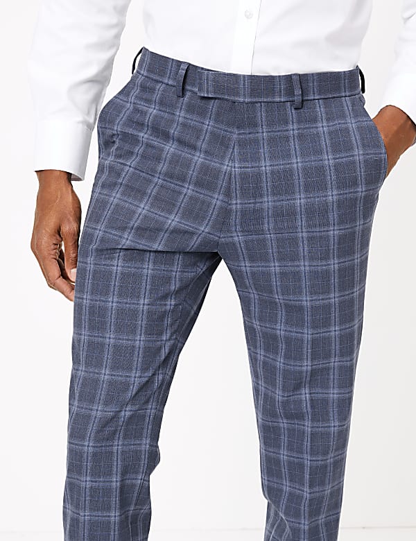 Blue Skinny Fit Checked Suit Trousers