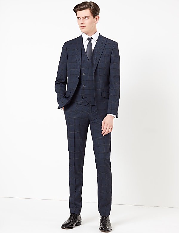 Blue Slim Fit Checked Jacket