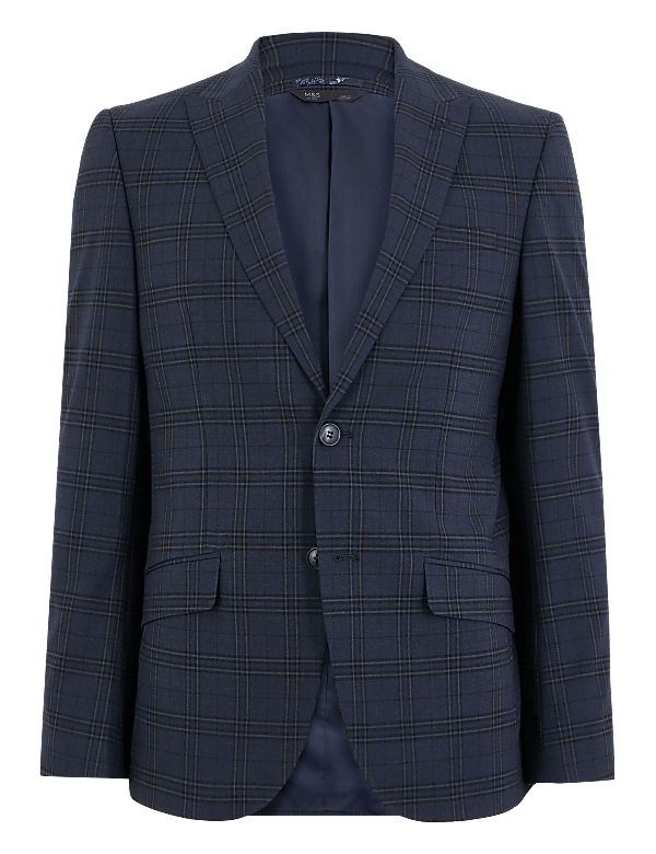 Blue Slim Fit Checked Jacket