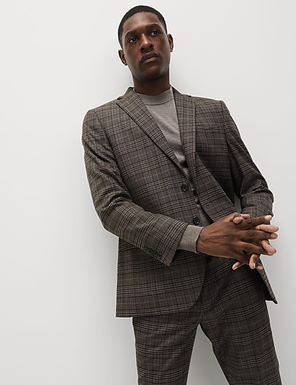 Slim Fit Prince of Wales Check Suit Jacket BROWN MIX Jackets M S IL