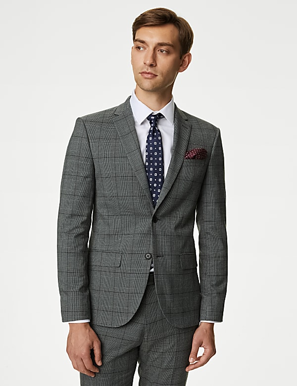 Skinny Fit Check Stretch Suit Jacket GREY MIX Jackets M S GR
