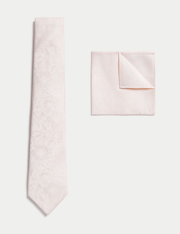 Ensemble cravate et carré de poche 100&nbsp;% soie à motif fleuri - LU