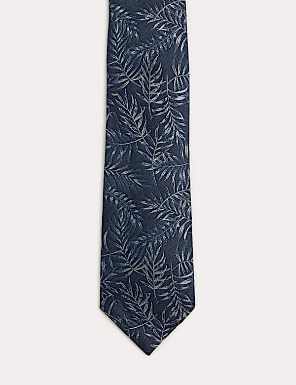 Stropdas van zijde en linnenmix met bladprint - BE
